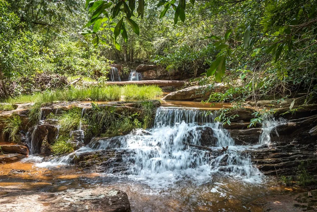 Cachoeira Raizama: água descendo por degraus largos de rocha entre a vegetação do Cerrado
