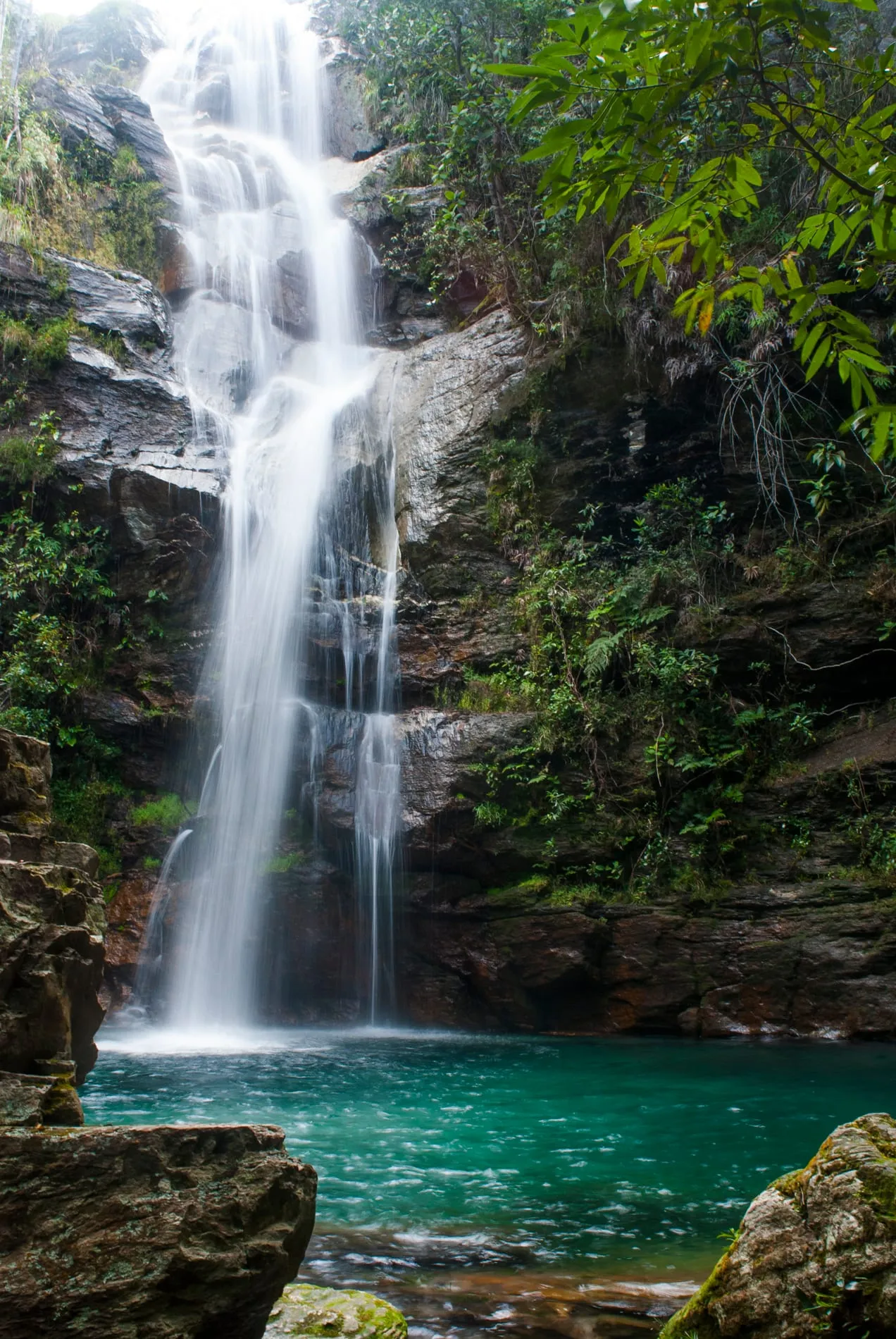 Cachoeira Santa Bárbara: queda única descendo um paredão coberto de mata fechada até um poço raso
