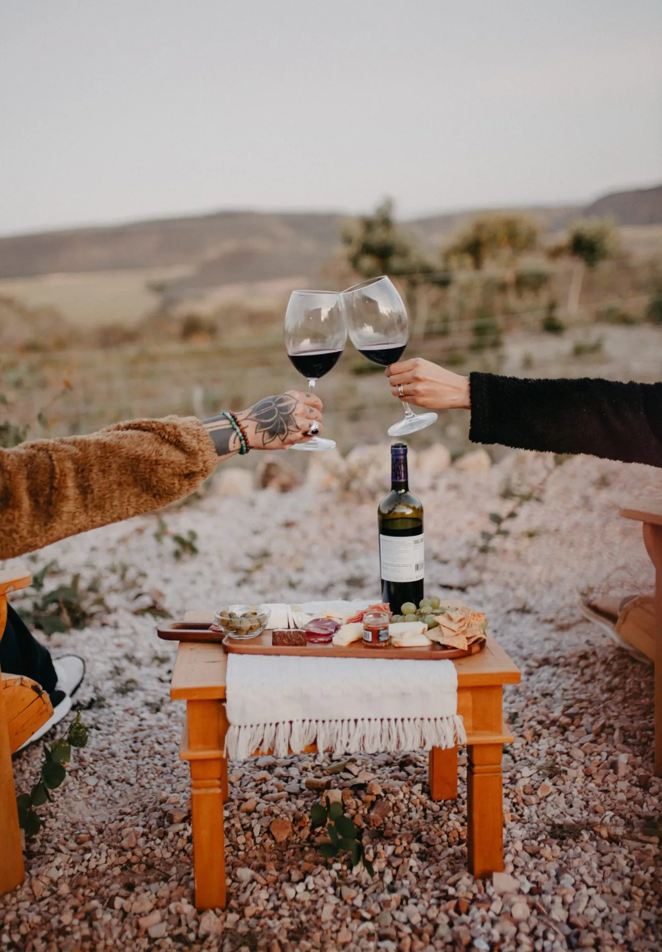 Couple toasting with glasses of red wine at dusk, a charcuterie board on a small wooden table in the Cerrado